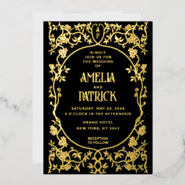 Real Foil Art Nouveau Floral Wedding Black Folieneinladung