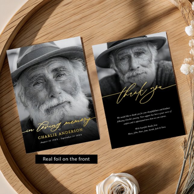 Real Foil Elegant 2-Photo Memorial Thank You Card Folieneinladung (Von Creator hochgeladen)