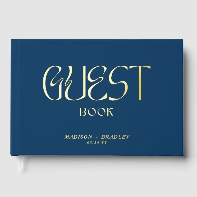 Real Foil Elegant Blue Calligraphy Script Wedding Gästebuch (Vorderseite)
