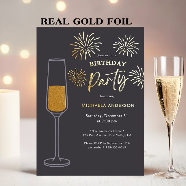 Real Foil Fireworks & Champagne Birthday Party Folieneinladung (Von Creator hochgeladen)