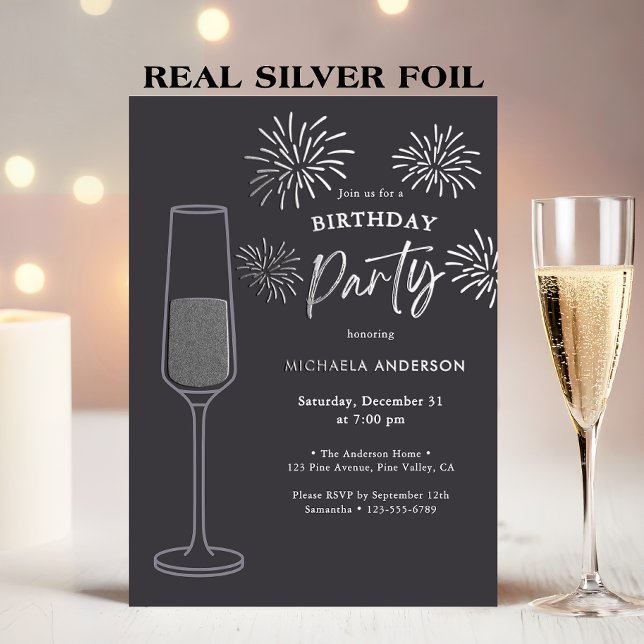 Real Foil Fireworks & Champagne Birthday Party Folieneinladung (Von Creator hochgeladen)
