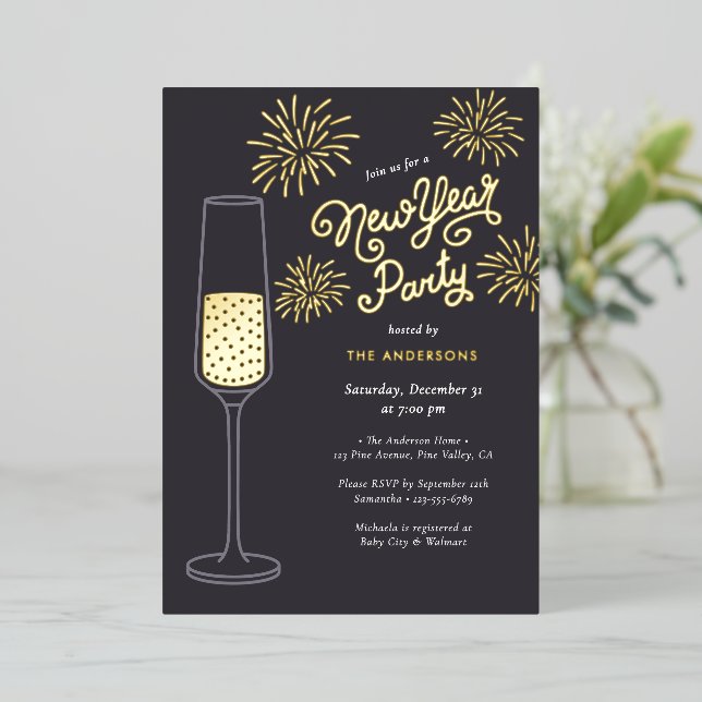 Real Foil Fireworks & Champagne New Year Party Folieneinladung (Stehend vorne)
