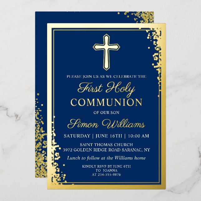 Real Foil Gold Glitzer Navy Blue First Communation Folieneinladung (Vorderseite/Rückseite)