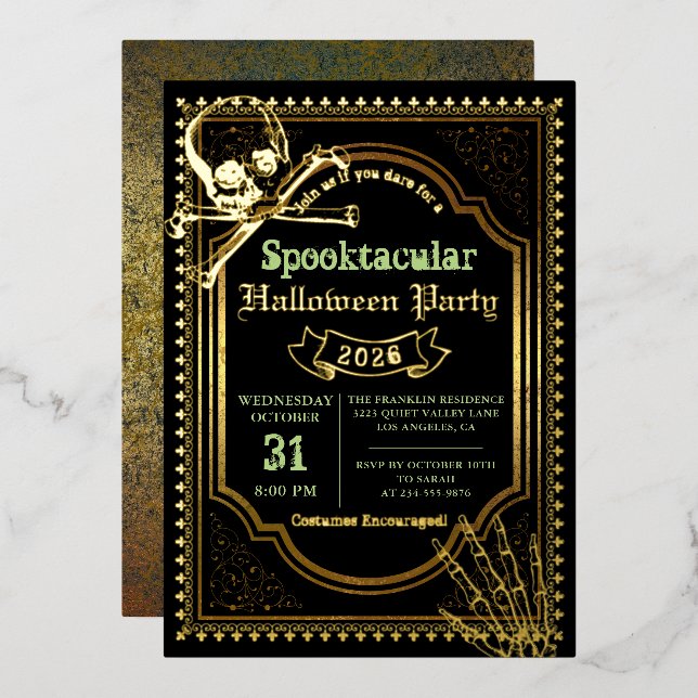 Real Foil Gothic Black Gold Skull Halloween-Party Folieneinladung (Vorderseite/Rückseite)