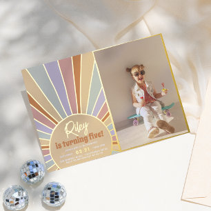 Real Foil Groovy Sun Boho Daisy Foto Birthday Folieneinladung