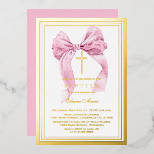 Real Foil Luxury Gold Pink Bow Girl Taufen Foil Folieneinladung
