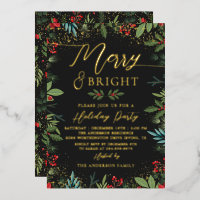 Real Foil Merry & Bright Black Gold Floral Holiday