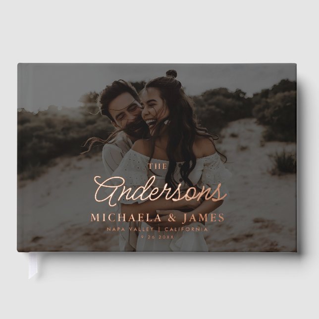 *REAL FOIL* Moderne, elegante Script-Rose Hochzeit Gästebuch (Vorderseite)