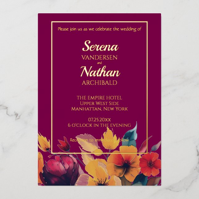 Real Foil Plum Wildblumen Elegante Hochzeit Folieneinladung (Vorderseite)