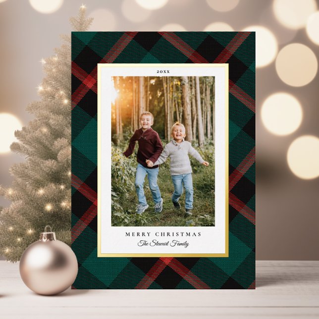 Real Foil Red Green Karierte Weihnachten (Real Foil Red Green Plaid Christmas Foil Holiday Card with 1 photo)