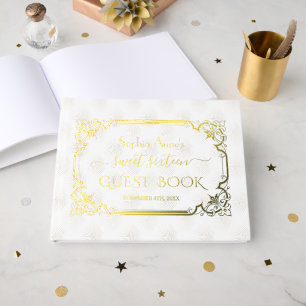 Real Foil White Gold Art Deco Sweet 16. Geburtstag Gästebuch