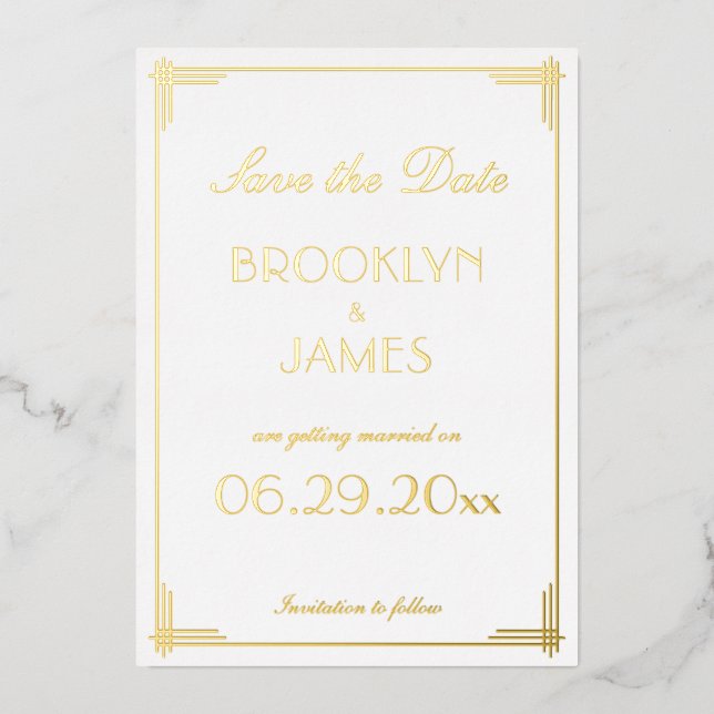 Real Fox Art Deco Save the Date weiße Karten (Vorderseite)