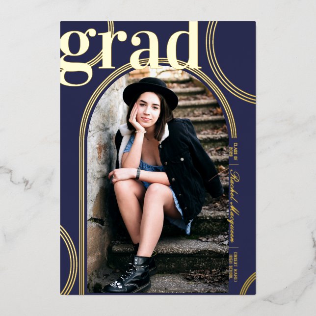 Real Gold Blue Circle Geometric Arch Abschluss Folieneinladung (Vorderseite)