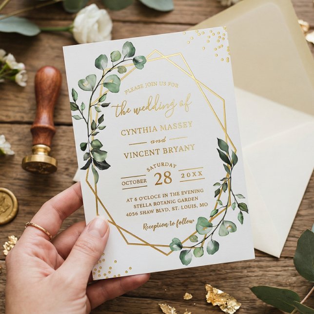 Real Gold Eucalyptus Blätter Geometric Wedding Folieneinladung (Von Creator hochgeladen)