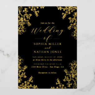 Real Gold Foil Black Floral Lace Skript Hochzeit Folieneinladung