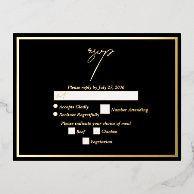 Real Gold Foil Black & Gold Wedding RSVP Folie Einladungspostkarte (Vorderseite)