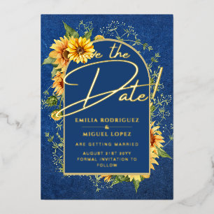 Real GOLD FOIL Blue Sunflowers Rett Date Wedding Folieneinladung