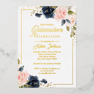 REAL GOLD FOIL Blush Navy Floral Quinceanera Folieneinladung