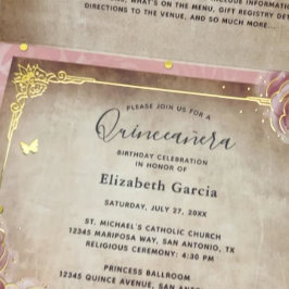 Real Gold Foil Blush Rose Quinceanera All-in-One-Einladung