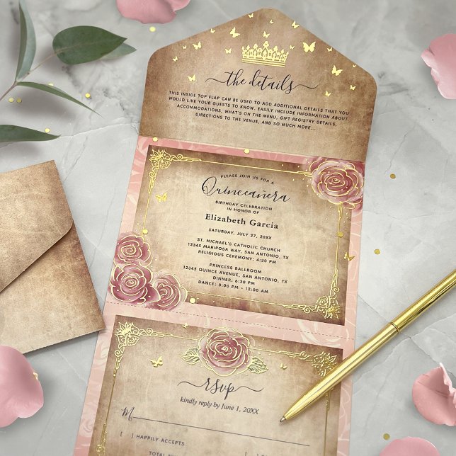 Real Gold Foil Blush Rose Quinceanera All-in-One-Einladung (An elegant blend of blush pink rose and real gold foil make this all-in-one invitation shine.)