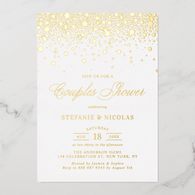 Real Gold Foil Confetti Dots Couples Dusche Folieneinladung (Vorderseite)