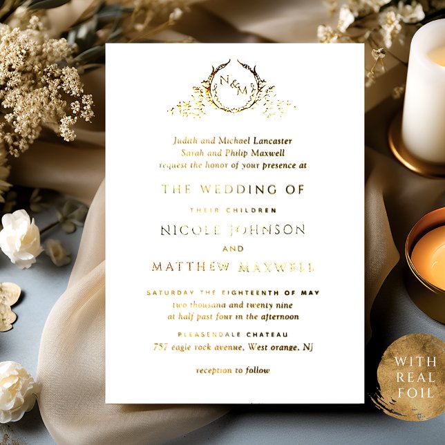 Real Gold Foil Elegant mit Parents Monogram Weddin Folieneinladung (Von Creator hochgeladen)