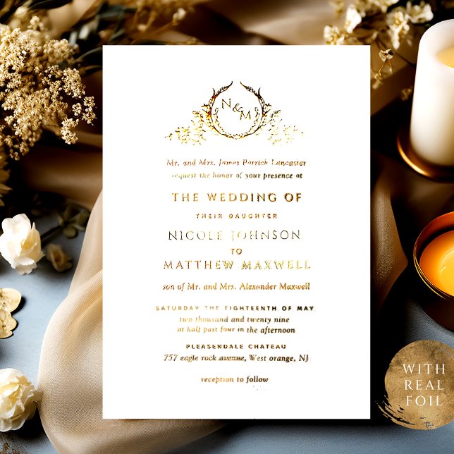 Real Gold Foil Elegante formale Monogramm Hochzeit Folieneinladung (Von Creator hochgeladen)