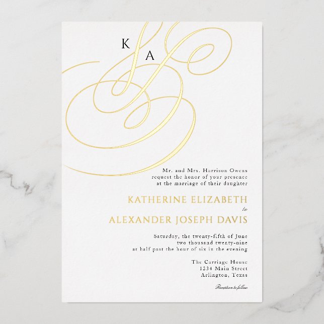 Real Gold Foil Elegante Monogram Wedding Folieneinladung (Vorderseite)