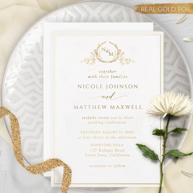 Real Gold Foil Elegante Monogram Wreath Wedding Folieneinladung (Von Creator hochgeladen)