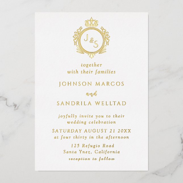 Real Gold Foil Elegante Wreath Monogram Wedding Fo Folieneinladung (Vorderseite)