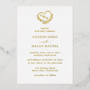 Real Gold Foil Elegante Wreath Monogram Wedding Folieneinladung