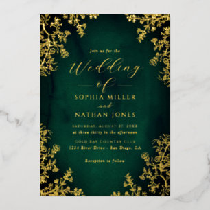 Real Gold Foil Emerald Floral Lace Script Hochzeit Folieneinladung