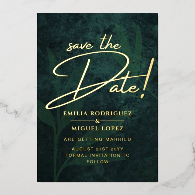 Real GOLD FOIL Emerald Green Save the Date Wedding Folieneinladung (Vorderseite)