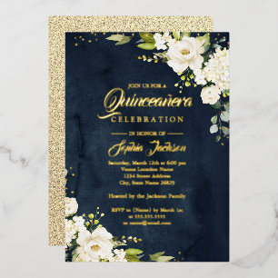 REAL GOLD FOIL Floral Quinceanera Gold Navy Folieneinladung