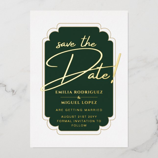 Real GOLD Foil Green Save the Date Hochzeit Folieneinladung (Vorderseite)