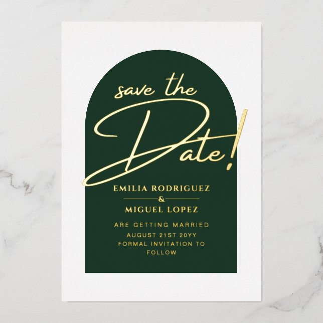 Real GOLD Foil Green Save the Date Hochzeit Folieneinladung (Vorderseite)