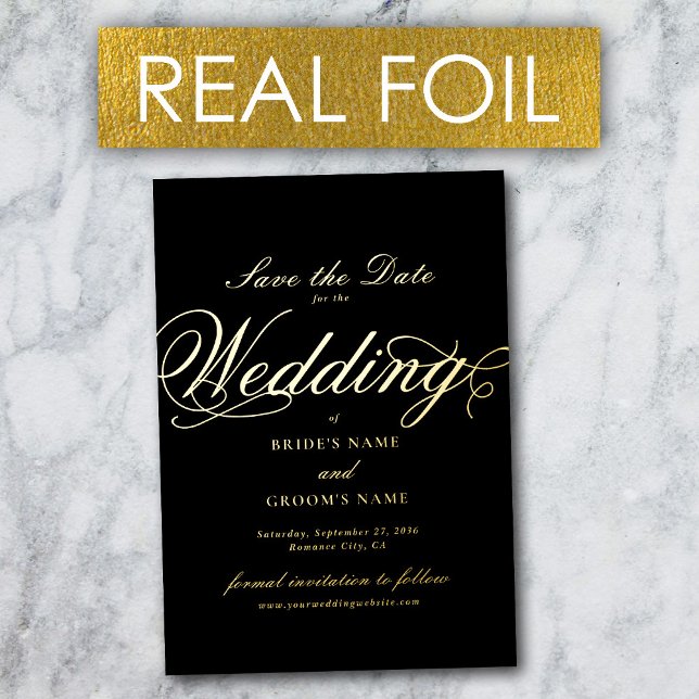 Real Gold Foil Luxury Black Wedding Retten Sie das Folieneinladung (Real Gold Foil Luxury Black Wedding Save the Date Foil Invitation)