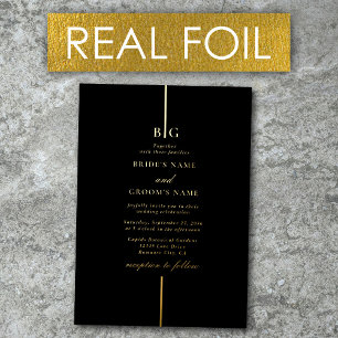 Real Gold Foil Minimalistisch Monogram Black Weddi Folieneinladung