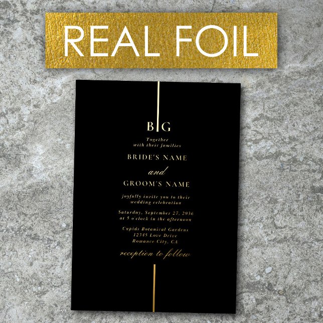 Real Gold Foil Minimalistisch Monogram Black Weddi Folieneinladung (Real Gold Foil Minimalist Monogram Black Wedding Foil Invitation)