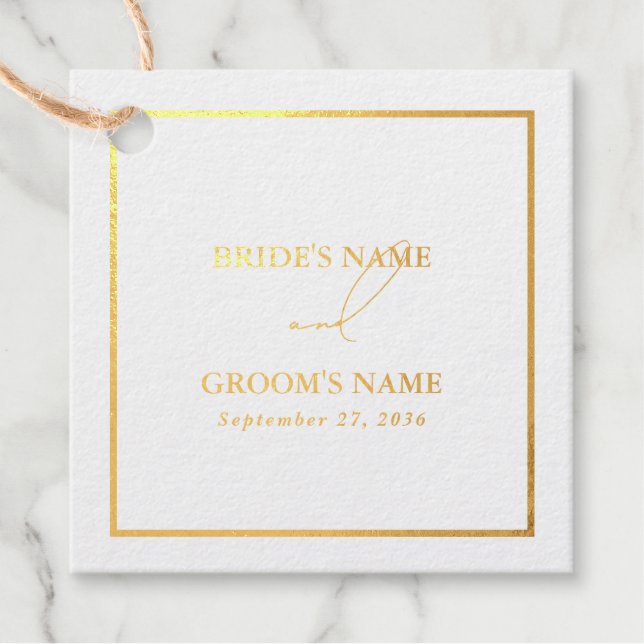 Real Gold Foil Moderne White & Gold Hochzeit Geschenkanhänger (Vorderseite)