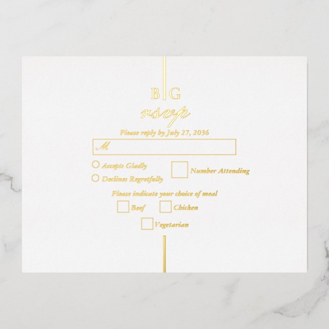 Real Gold Foil Monogram Wedding RSVP Folie Einladungspostkarte (Vorderseite)