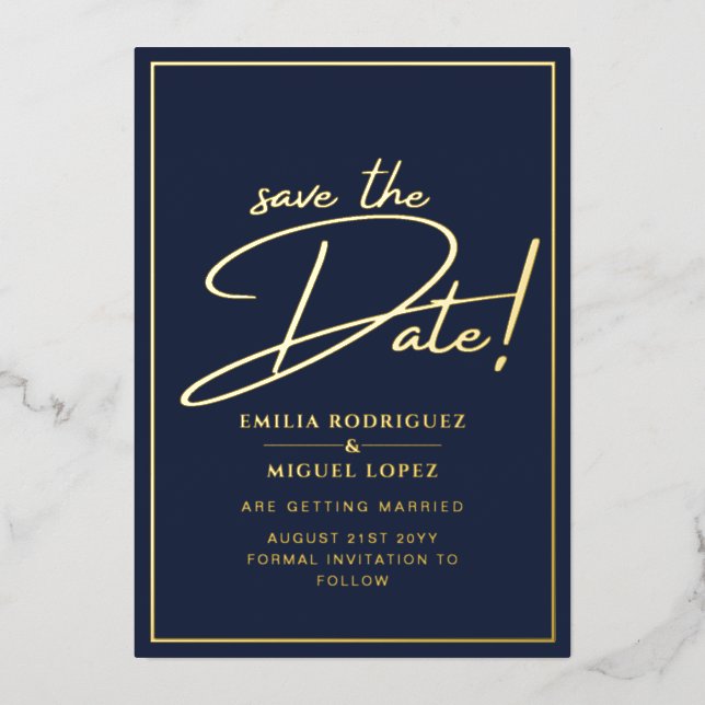 Real GOLD Foil Navy Blue Save the Date Hochzeit Folieneinladung (Vorderseite)