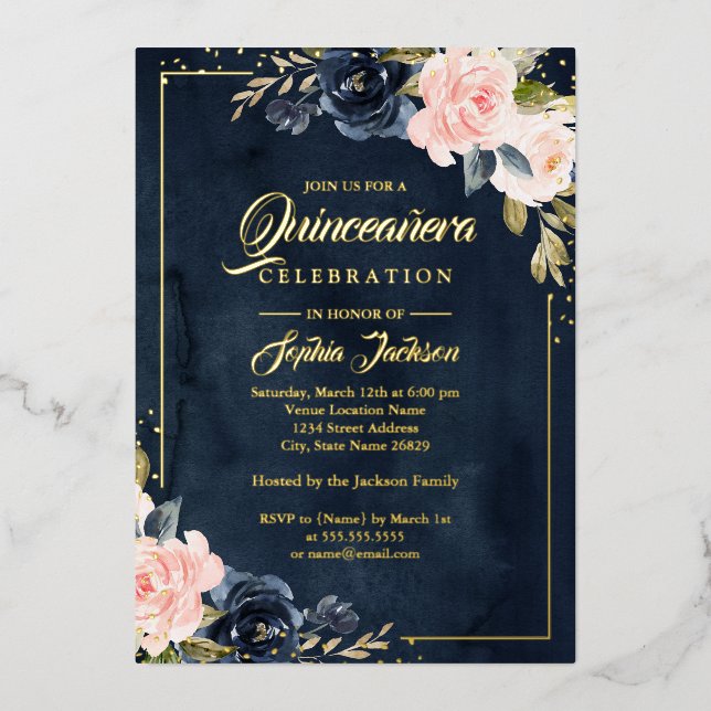 REAL GOLD FOIL Navy Blush Floral Quinceanera Folieneinladung (Vorderseite)