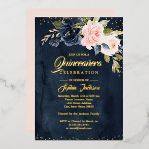 REAL GOLD FOIL Navy Blush Pink Floral Quinceanera Folieneinladung