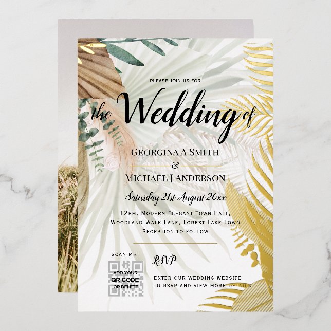 REAL GOLD FOIL Pampas Gras FOTO QR Code Hochzeit Folieneinladung (Vorderseite/Rückseite)