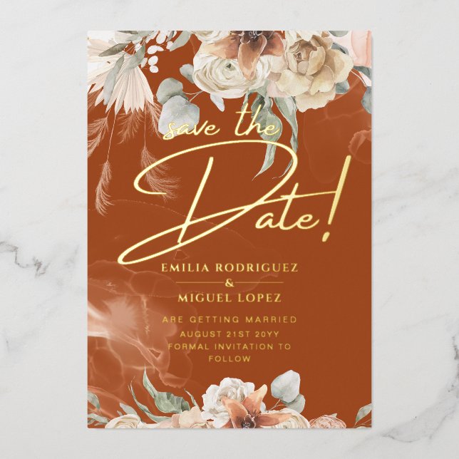 Real GOLD Foil Terracotta Save the Date Hochzeit Folieneinladung (Vorderseite)