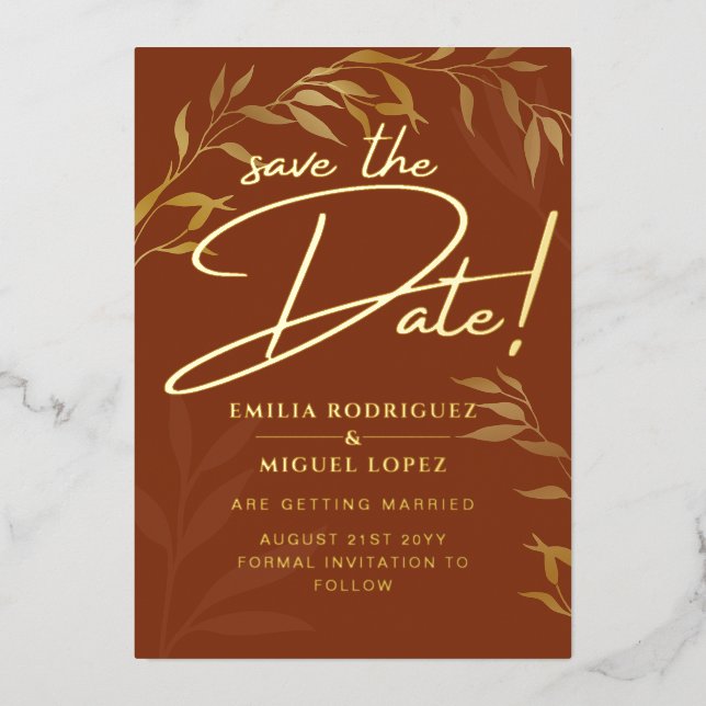 Real GOLD FOIL Terracotta Save the Date Hochzeit Folieneinladung (Vorderseite)