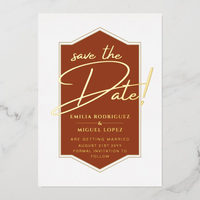 Real GOLD Foil Terracotta Save the Date Hochzeit Folieneinladung (Vorderseite)