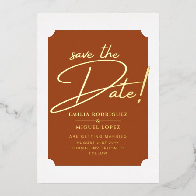 Real GOLD Foil Terracotta Save the Date Hochzeit Folieneinladung (Vorderseite)