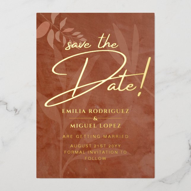 Real GOLD FOIL Terracotta Save the Date Wedding Fo Folieneinladung (Vorderseite)